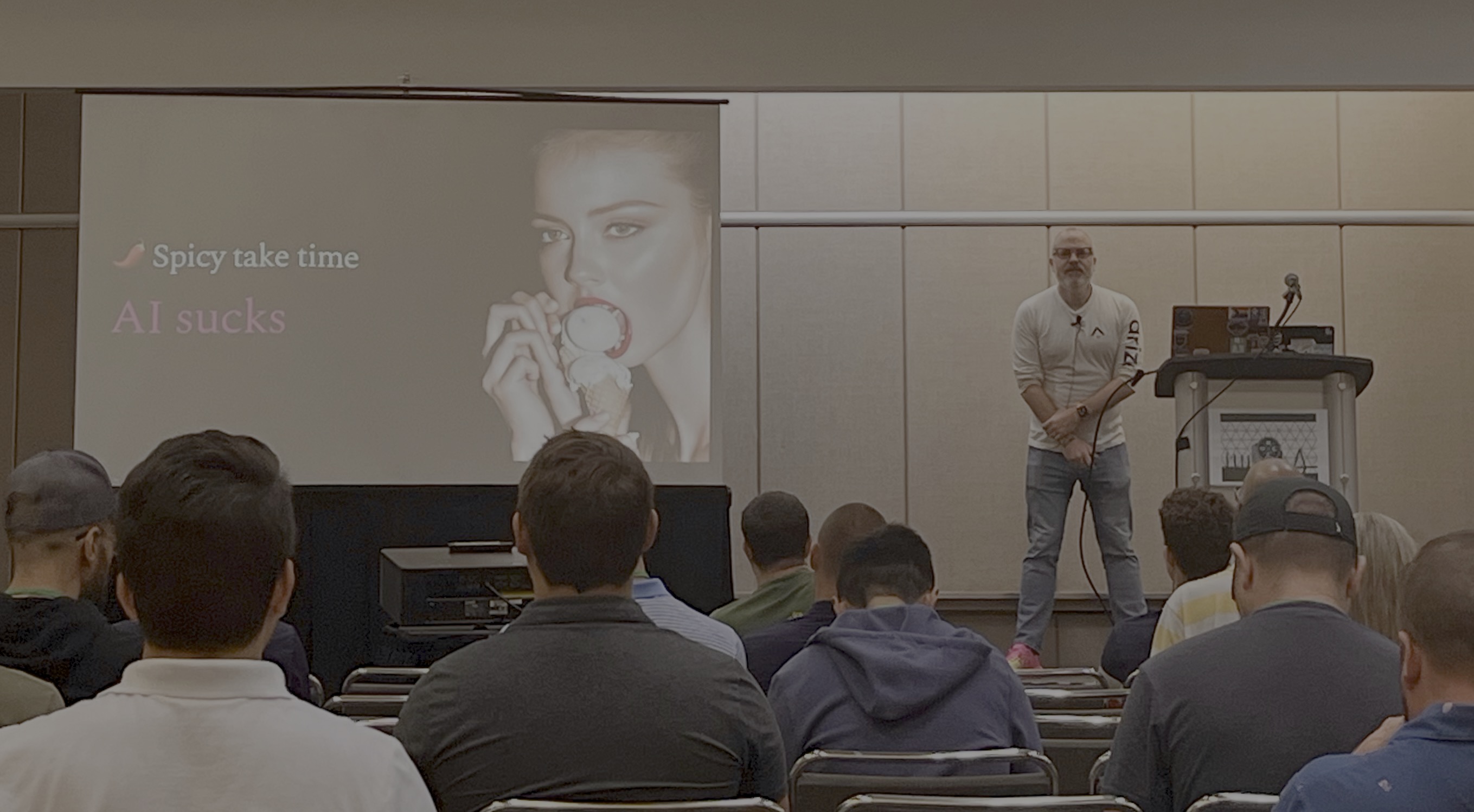 Jim Bennett on stage at KCDC delivering the &ldquo;AI sucks&rdquo; talk