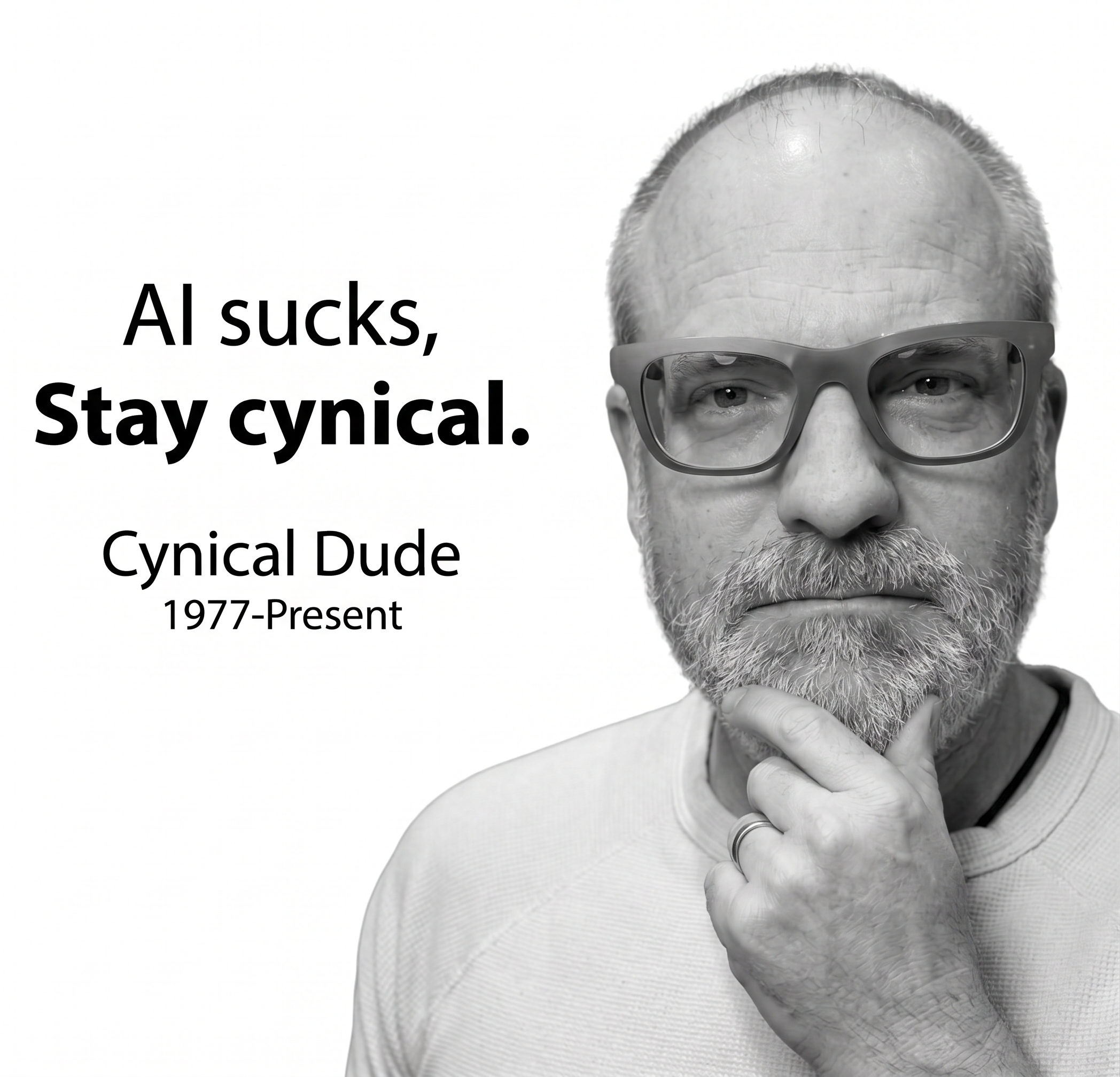 AI sucks, stay cynical. Cynical Dude, 1977-Present. A mock motivational poster of Jim Bennett looking thoughtful in the style of an Apple memorial tribute