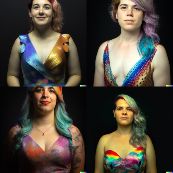 4 images of women with rainbow hair and colorful dresses