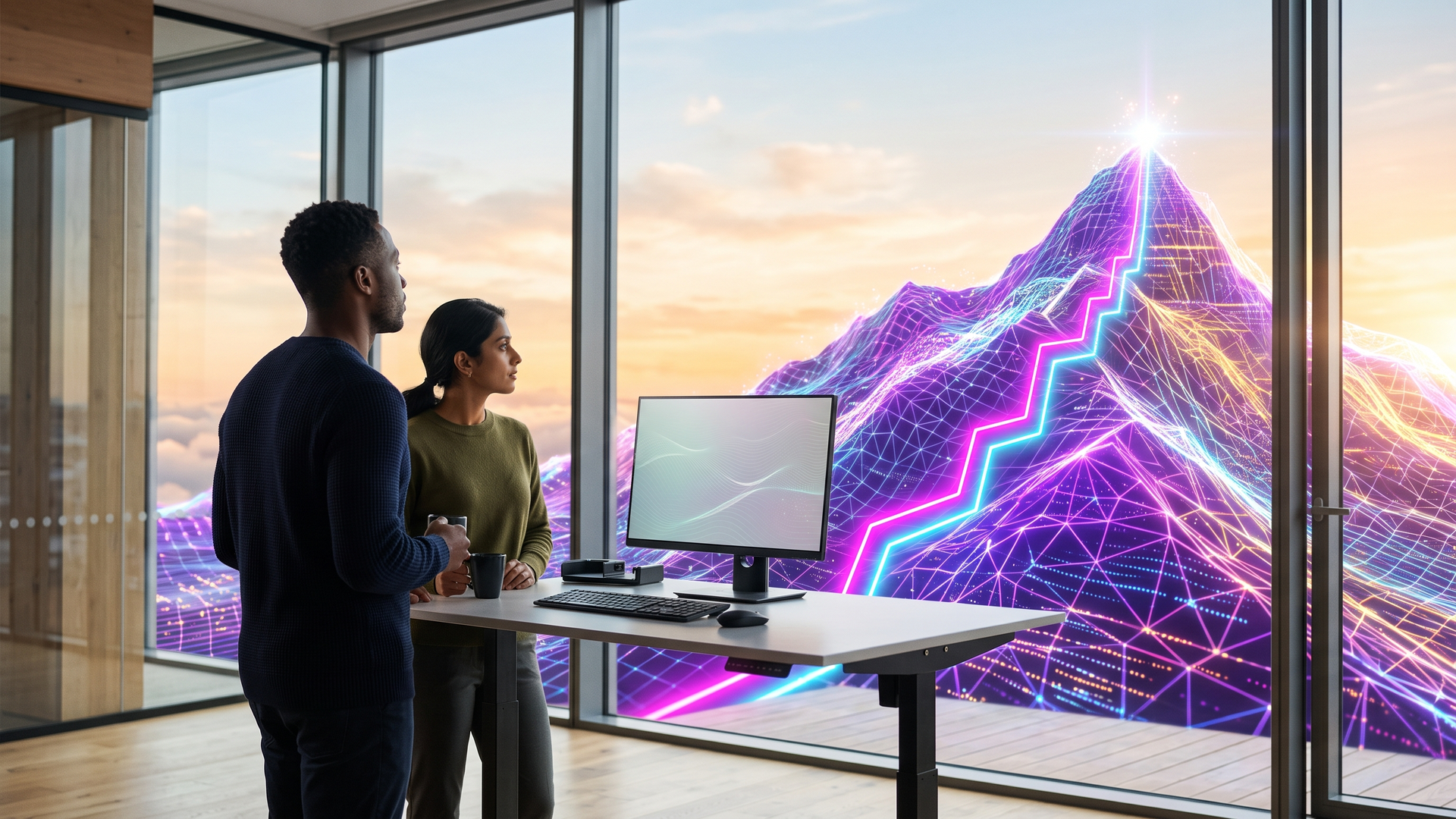 Two engineers with coffee at a standing desk look out of a window at a glowing wireframe data mountain, with a neon stepped graph climbing to a beacon at the summit