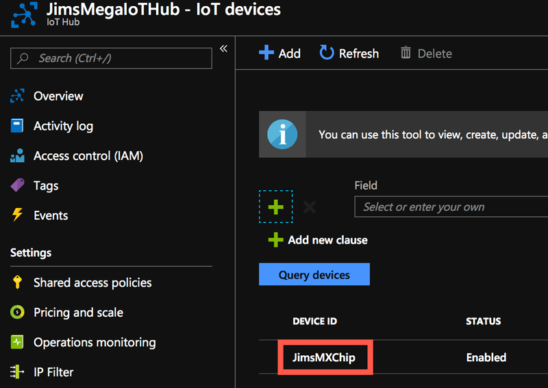 The IoT device shown in the IoT Hub in the Azure portal