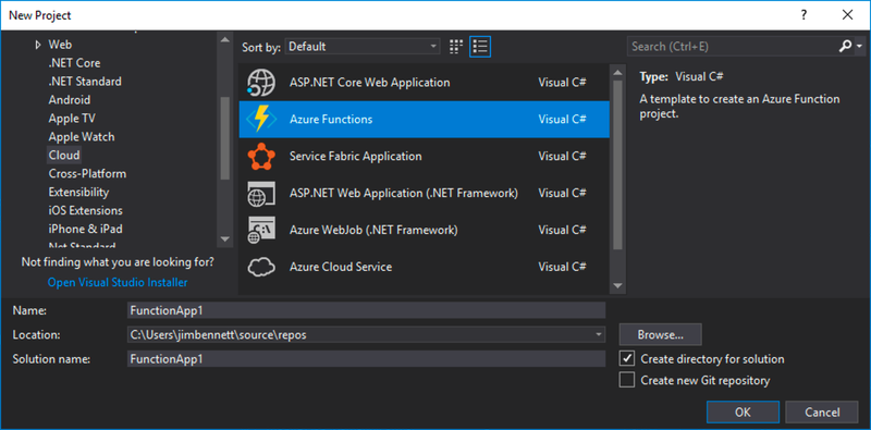 Creating a new Azure Functions project from the Visual C#->Cloud section of the File->New dialog