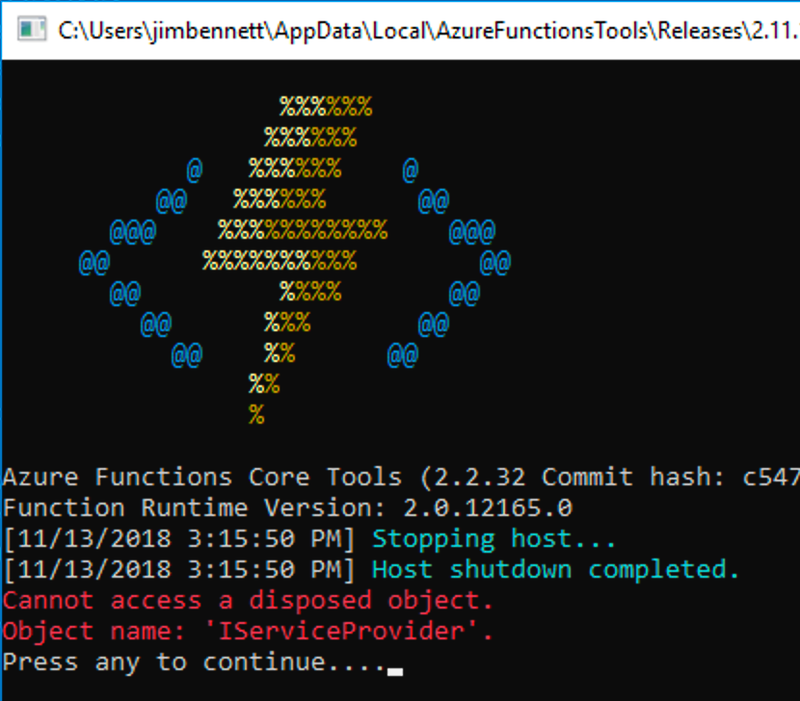 The error shown when multiple local functions hosts run on the same port.