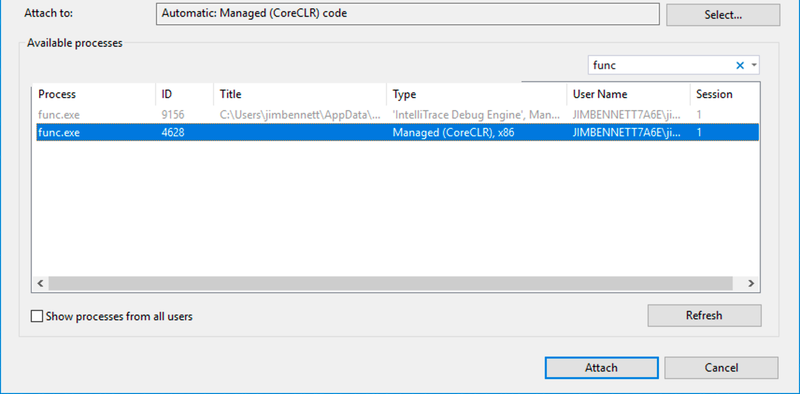 Finding the func process in the attach dialog