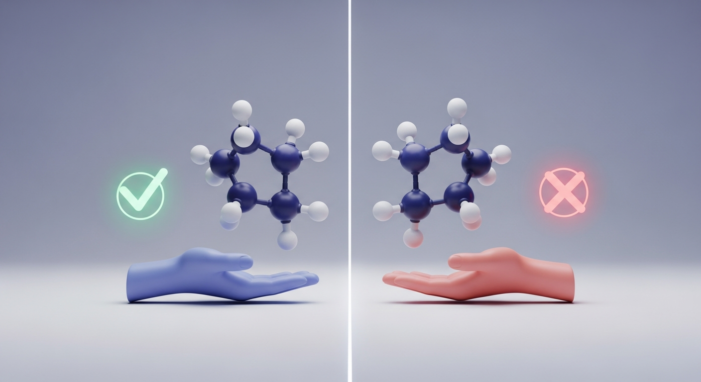 A chiral molecule pair - two mirror-image 3D chemical structures over a left and a right hand, one pairing marked with a green tick and the other with a red cross