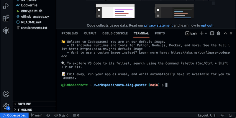 VS Code running a code space