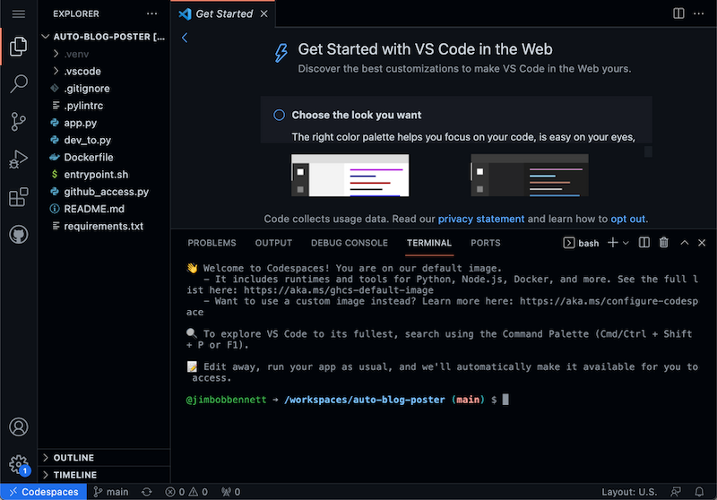 VS Code running in a browser under Codespaces