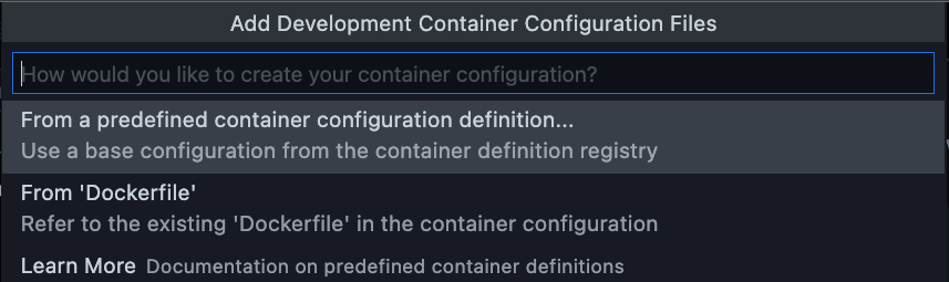 The From a predefined container configuration definition option