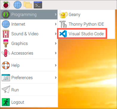 VS Code in the Pi menu
