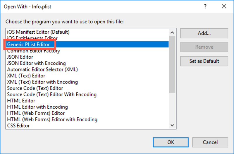 Select the Generic PList editor from the open with dialog