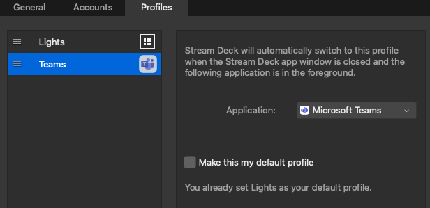 Stream deck configuration showing a profile called Teams that is set to activate when Microsoft Teams is active