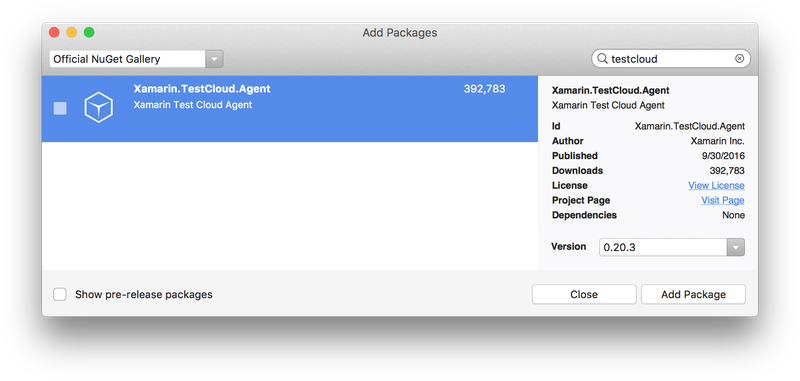 Adding the Xamarin Test Cloud Agent NuGet package